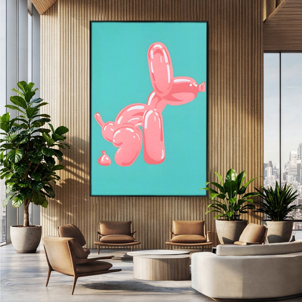 Tablou canvas cu ilustratie caine balon roz, in rama de aluminiu negru, pe perete intr-un birou